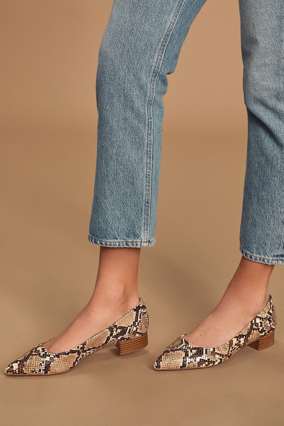 £9.99 F9807 LADIES SPOT ON SLIP ON MID HEEL SNAKE PRINT POINTED TOE COURT SHOES